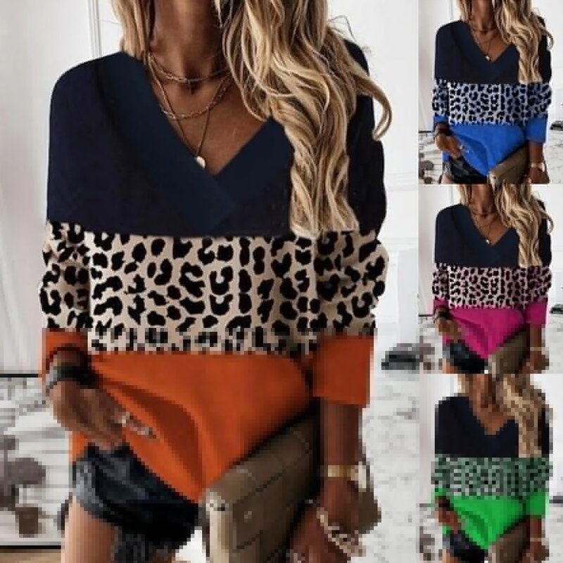 Camiseta con estampado de leopardo para mujer, blusa holgada informal de manga larga con cuello en V y estampado Floral, para primavera y otoño, 2023