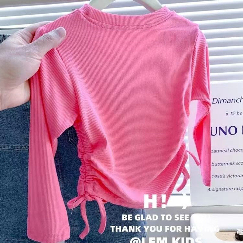 Kinderen 2023 Lente Nieuwe Meisjes Koreaanse Versie Double-Side Trekkoord Brief Afdrukken Elastische Lange Mouwen T-shirt