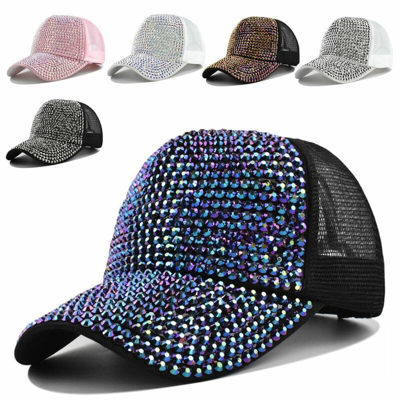 여성용 조절 가능한 라인스톤 야구 모자, 야외 스포츠, 럭셔리 통기성 야구 모자, 면 자외선 차단 모자