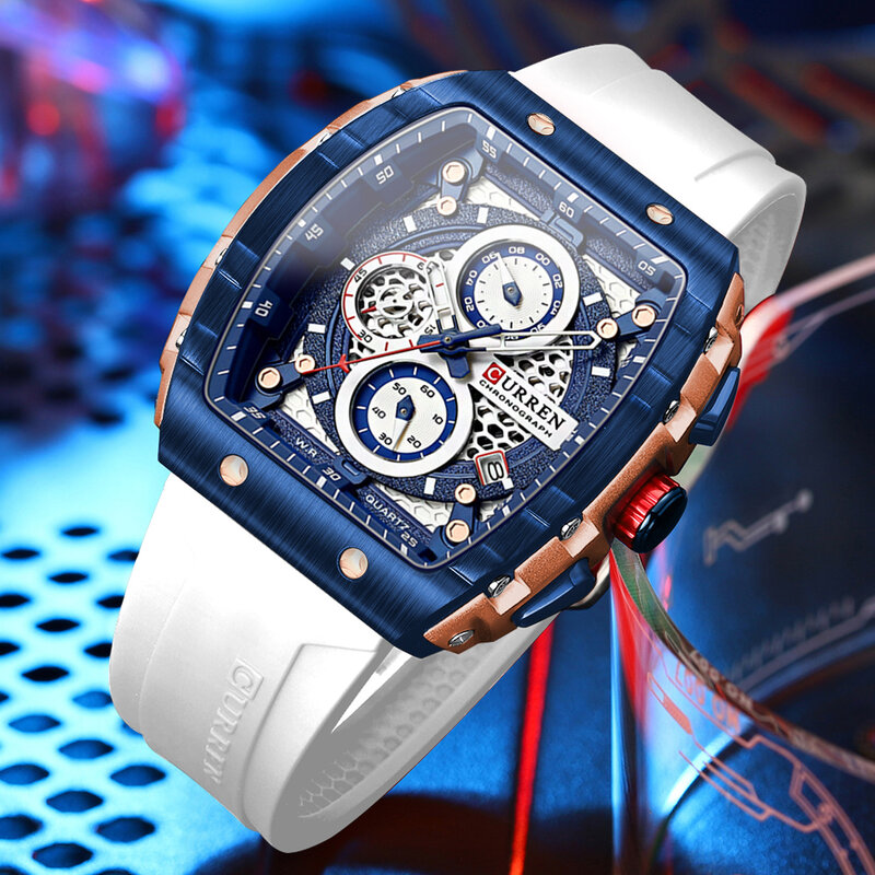 CURREN jam tangan silikon Quartz, arloji olahraga unik persegi panjang dengan tombol besar, tali kasual dengan tanggal otomatis