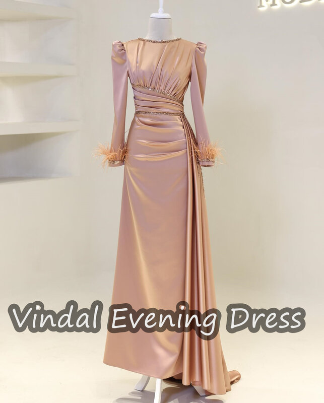 Vindal Ruffle sendok Necklin lantai panjang A-Line gaun malam elegan Built-in Bra Arab Saudi lengan panjang Satin untuk wanita