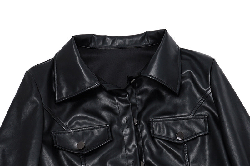 Chaqueta de piel sintética para mujer, abrigos de manga larga con botones, prendas de vestir, Tops cortos con solapa, color negro