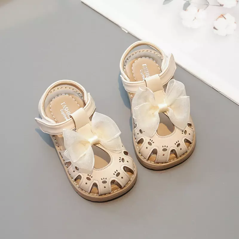 Sandalo bambina estate principessa dolce pizzo papillon sandali piatti per bambini moda causale eleganti sandali da spiaggia per bambini Beige