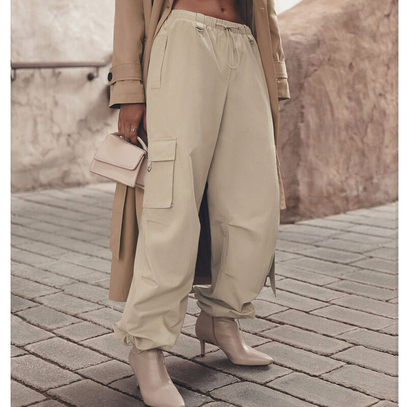 Spodnie Cargo damskie 100% bawełna Casual elastyczne spodnie luźna, workowata w pasie dziewczęce z nogawkami Streetwear długie spodnie nowość