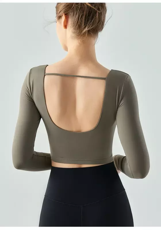 Chemise de fitness dos ouvert en forme de U, vêtements de yoga d'automne et d'hiver, coupe goutte à goutte semi-fixe, t-shirt de sport respirant à séchage rapide