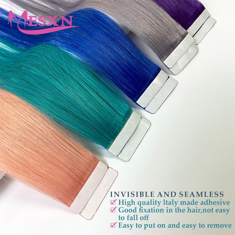 Цветная лента для наращивания человеческих волос MESXN, натуральный бесшовный Невидимый уток кожи, двусторонний клейкий Фиолетовый Синий Розовый цвет