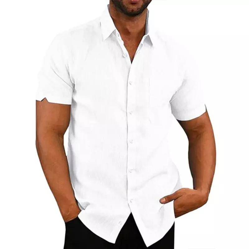 2024 New Cotton Linen Hot Sale Men's Short-Sleeved Shirts Summer Solid Color Turn-down Collar Casual Beach Style Plus Size