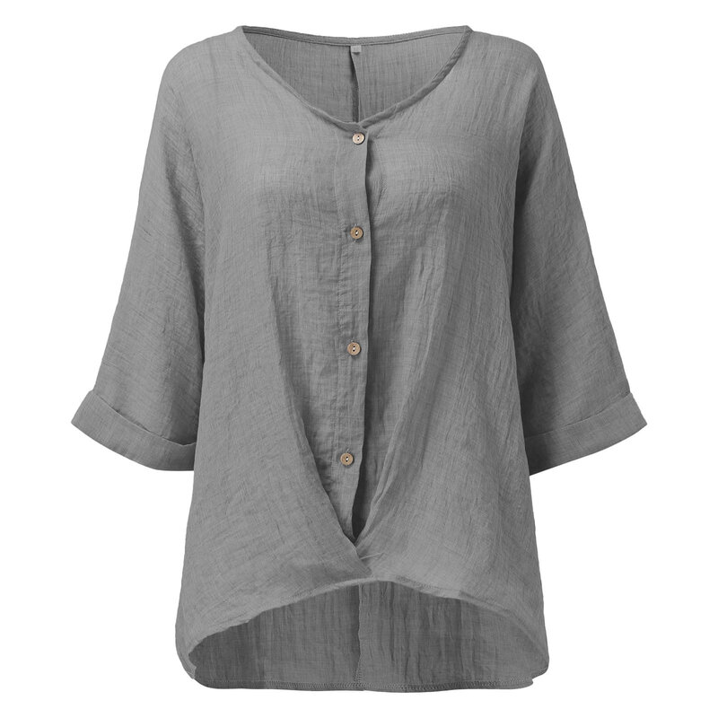 Camisas de algodón y lino para mujer, blusa informal holgada de manga corta con botones y cuello en V, Tops cómodos de Color sólido para verano