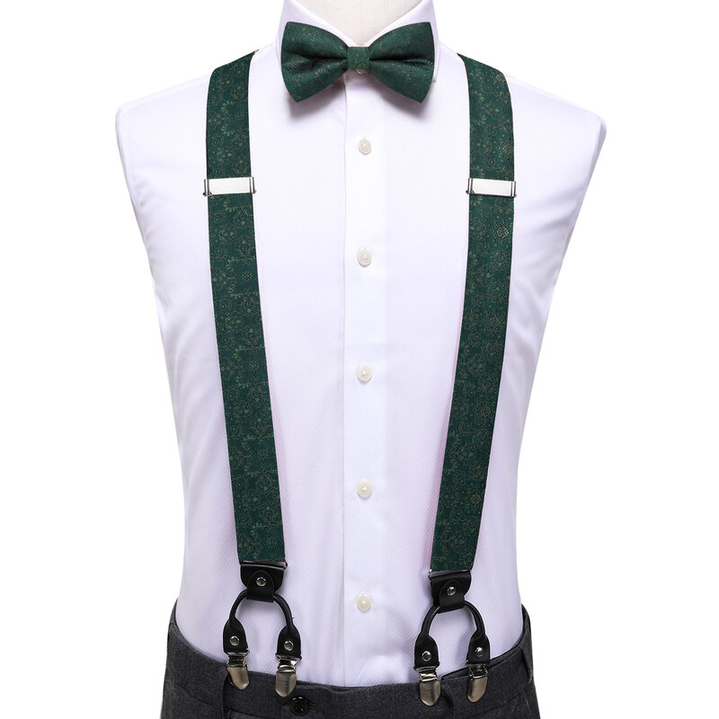 Hi-Tie Dark Green Solid Silk Men Suspender Bowtie Hanky Cufflink Adjustable Clip On Brace for Male Wedding Business Wholesale