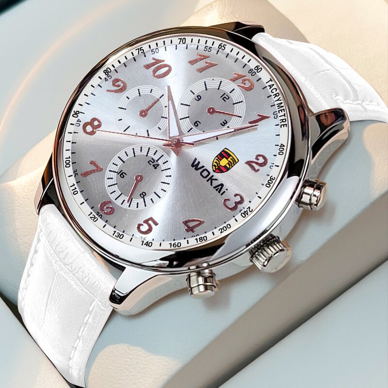 Relógio de quartzo de couro WOKAI para homens, relógios de pulso esportivos brancos, moda casual, baixo preço