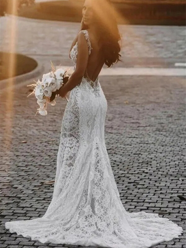 فستان زفاف بدون أكمام برقبة V عميقة ، فستان بطول الأرض ، مطرز أنيق ، فستان زفاف رومانسي ،