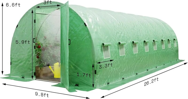 업그레이드된 스윙 문짝 터널 온실 키트, 중장비, 급수 시스템, 야외용 대형 워크 인 온실, 26x10x7ft