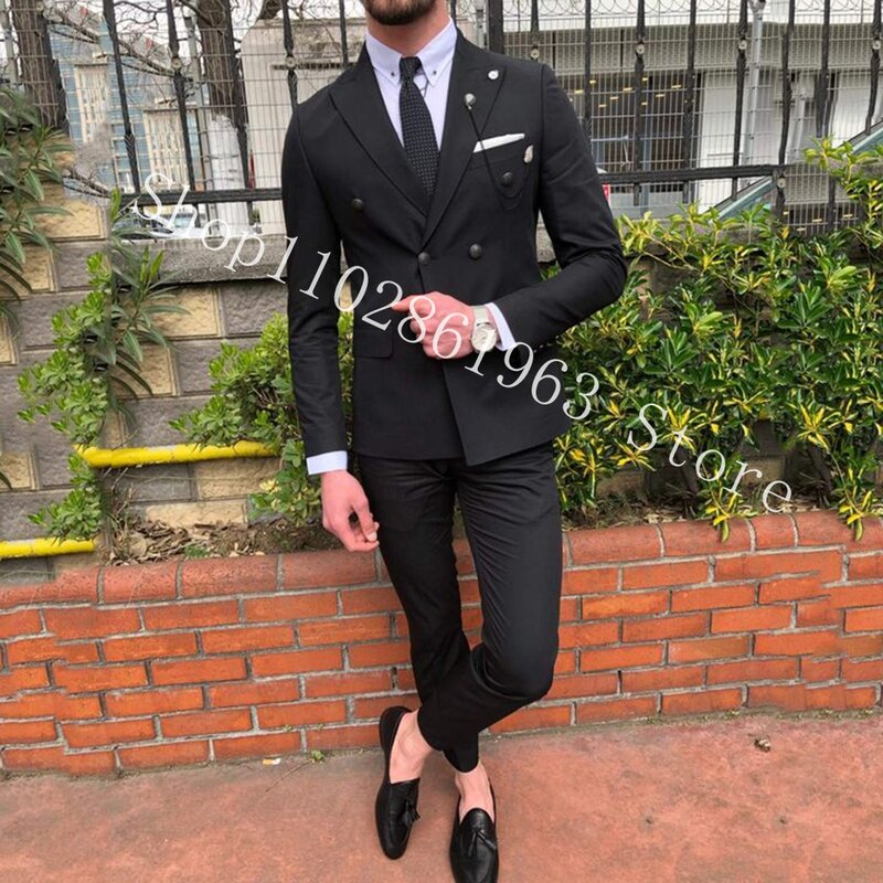 Black Formal Slim Fit Suits Blazer Pants Peak Lapel Double Breasted Best Men Tuexdos For Wedding Groom Wear Trajes De Hombre