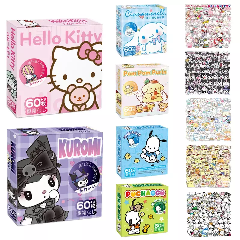 60 pz/scatola adesivi Anime Kawaii Sanrio Hello Kitty Kuromi Cinnamoroll Pochacco adesivi cancelleria fai da te simpatico cartone animato adesivo regalo