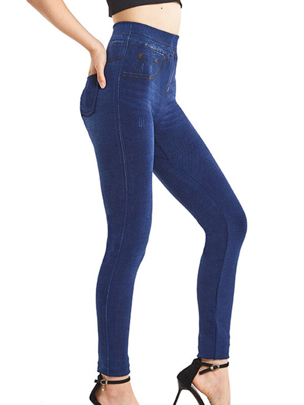 Fitness damskie legginsy treningowe legginsy kieszonkowe modne wąskie sztuczny Jeans jeansy na co dzień długie spodnie ołówkowe