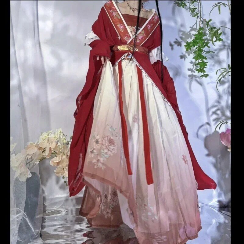 فستان على الطراز الصيني العتيق للنساء ، أحمر تأثيري ، طباعة تقليدية ، تنورة طويلة أنيقة للحفلات ، فتيات ، مجموعة 5