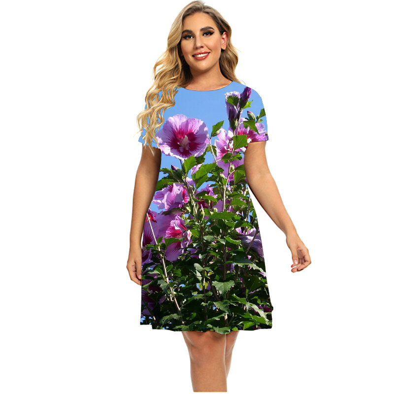 2023 New Women Dresses Plus Size Summer Plant Flowers 3D Print Short Sleeve Dress Casual O-Neck A-Line Sundress 5XL 6XL Clothing