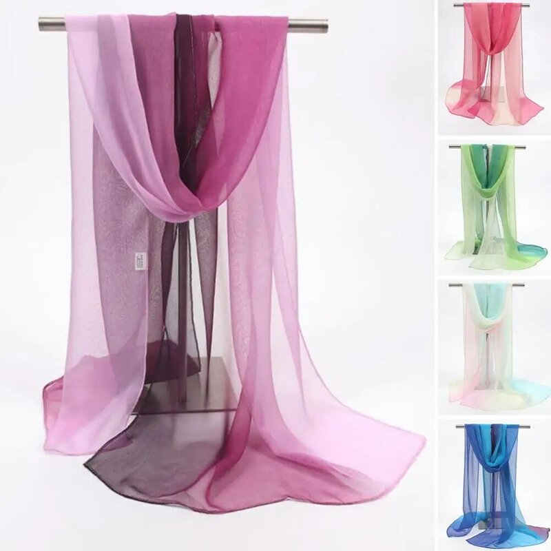 Elegante cachecol de seda feminino, cor gradiente, protetor solar, ultrafino, transparente, cachecol de chiffon retangular, xale longo, acessórios de fantasia
