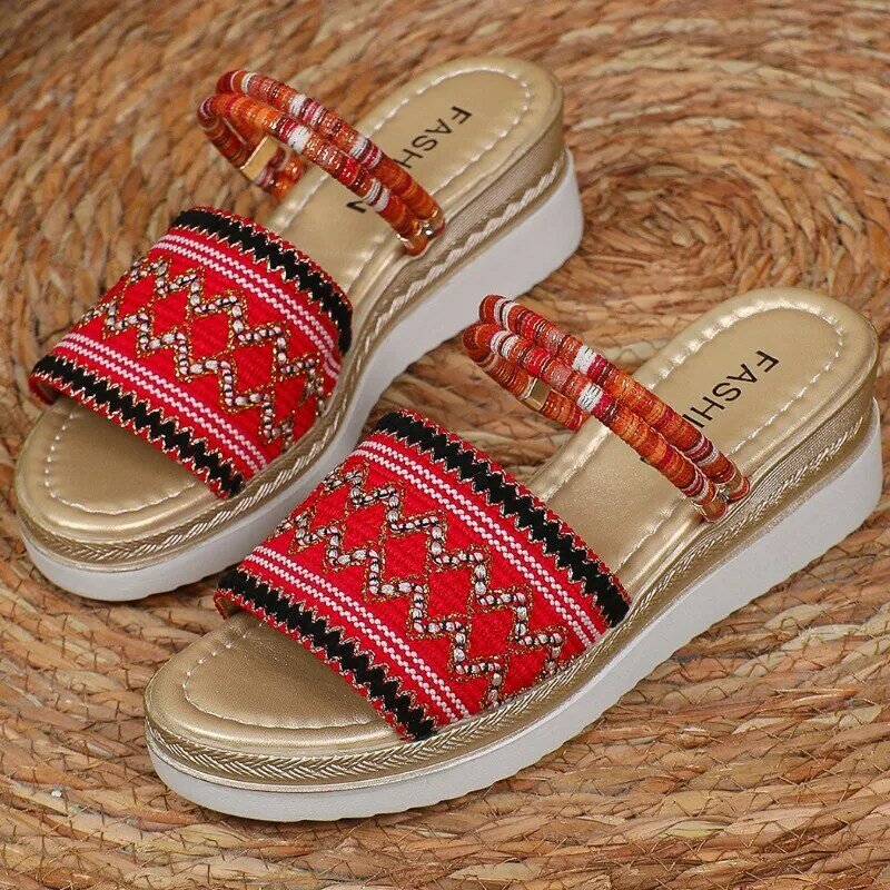 Zapatillas de verano de estilo bohemio para mujer, zapatos de cuña transpirables de malla con patrón de moda, zapatillas de playa al aire libre