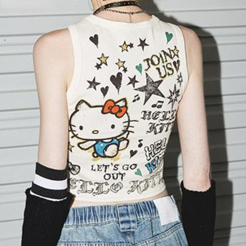 Sanrio Hello Kitty Moda Vintage Tank Tops, Y2k Goth Crop Tops, Streetwear Hip-Hop, Tees para meninas, T-shirts curtas, Novo, 2024