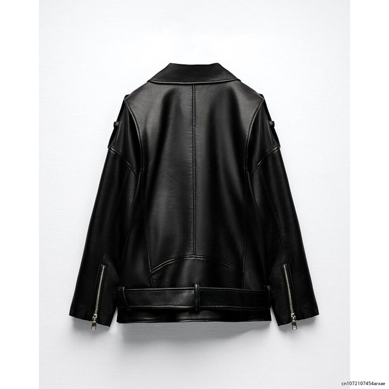 Chaqueta de cuero sintético para mujer, abrigo informal con cinturón, color negro, blanco pesado, ropa elegante, novedad de 2023