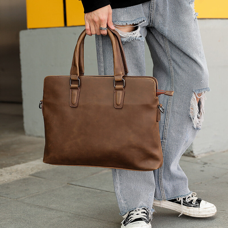 Maleta de couro macia luxuosa para homens, bolsa para laptop, bolsa de mão masculina retrô, bolsa casual de ombro
