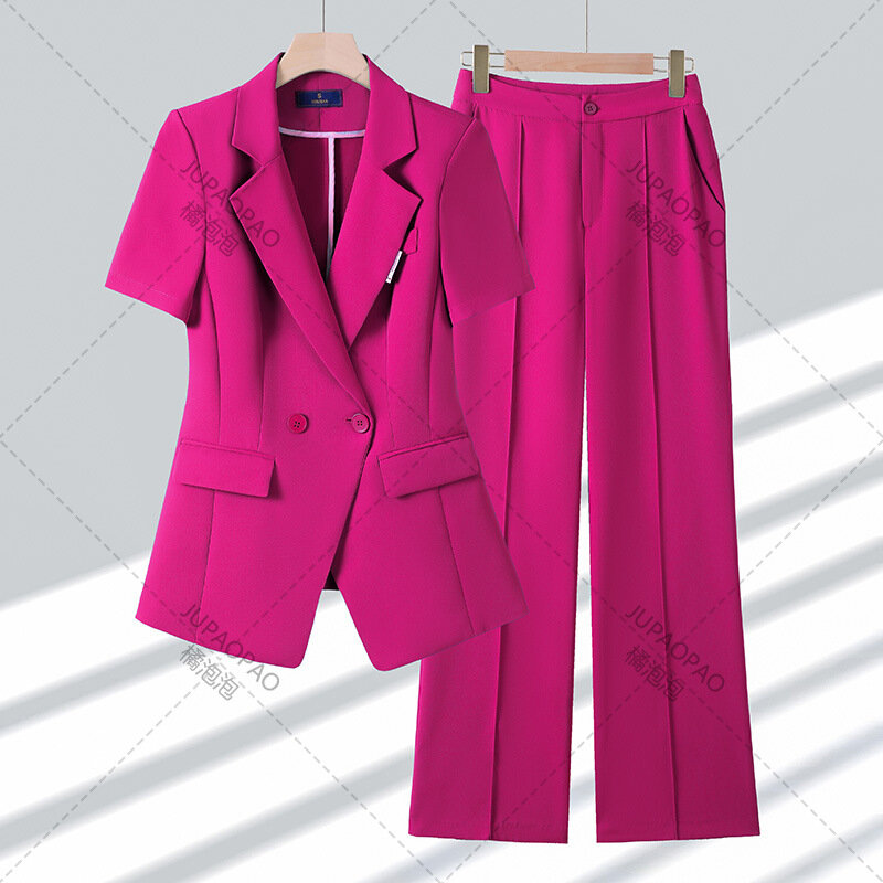 Junpao-女性のためのツーピースのオフィスセット、シックなブレザーとパンツ、半袖、折り返しの襟、モノクロのスーツ、新しいファッション、2024