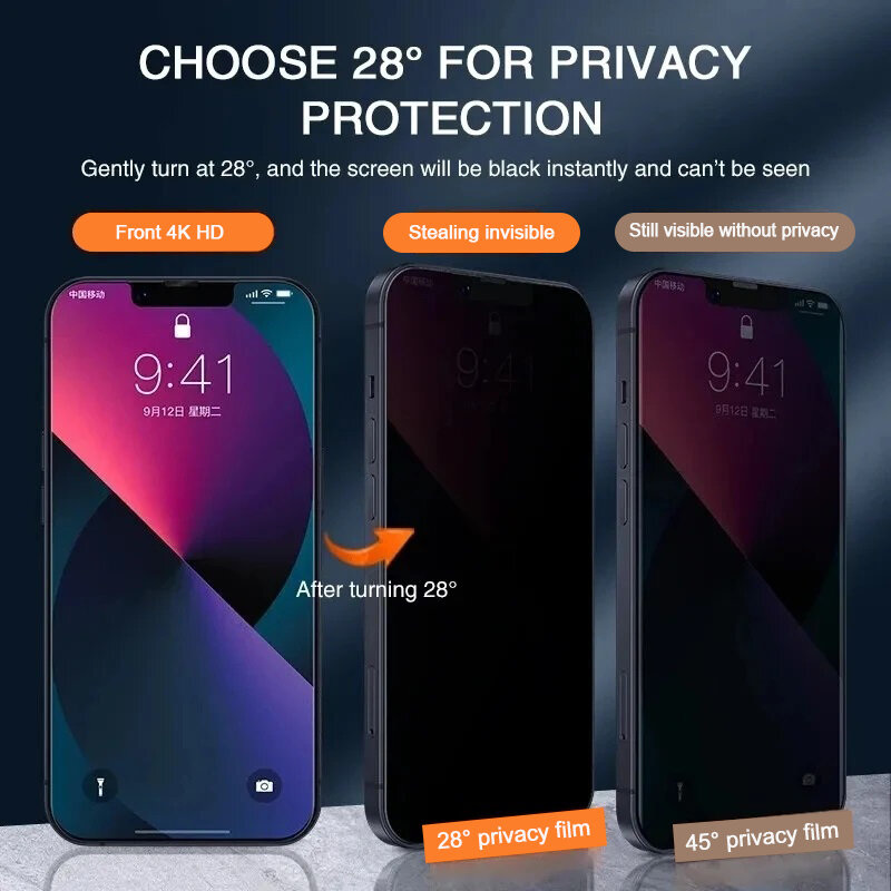 1-4pcs proteggi schermo Privacy per iPhone 15 13 11 12 14 Pro Max Mini 7 8 Plus vetro temperato Anti-spia per iphone X XS Max XR