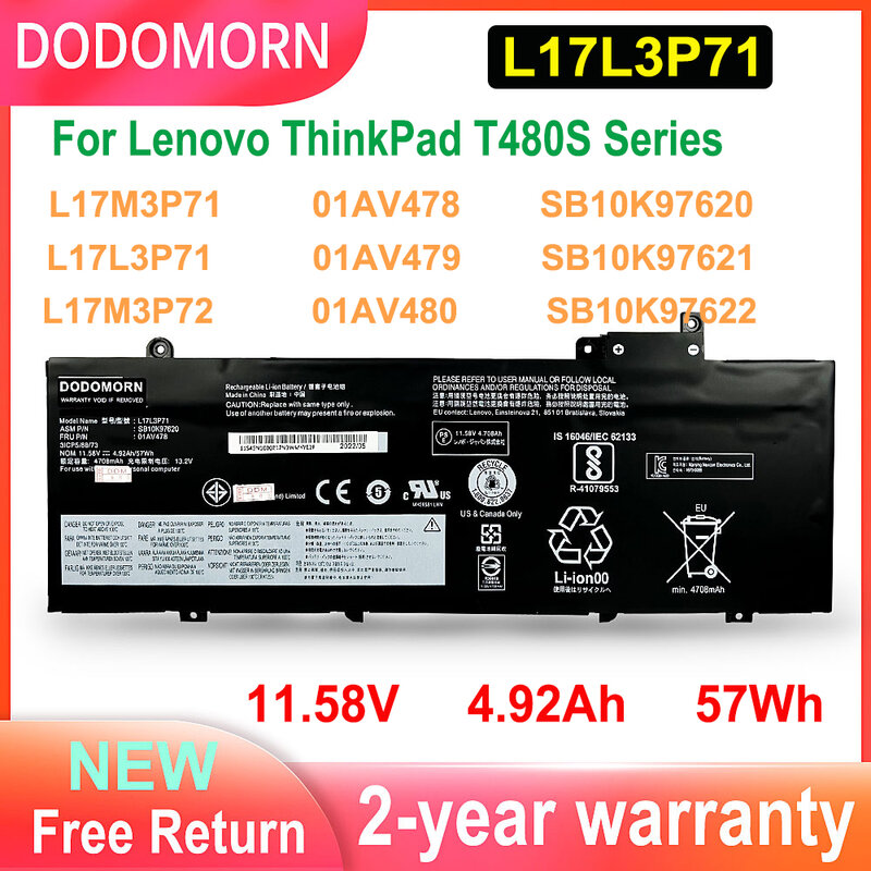 Новый аккумулятор L17L3P71 для ноутбука Lenovo ThinkPad T480S Series L17M3P71 L17M3P72 01AV478 01AV479 01AV480 SB10K97620 SB10K97621
