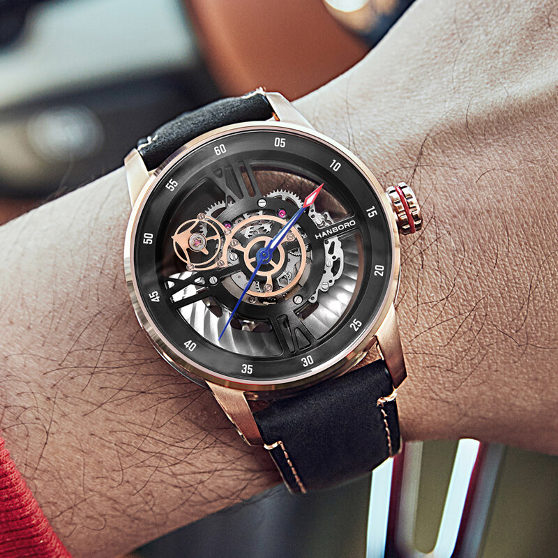 HANBORO Bird'S Nest Design automatyczny zegarek męski zegarek mechaniczny 2021 luksusowy zegarek Tourbillon dla mężczyzn skórzany Reloj Dorado