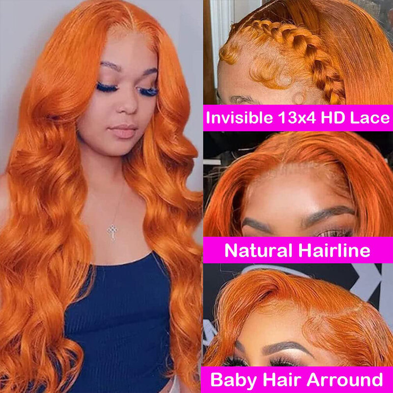 Perruque Lace Front Wig Body Wave brésilienne naturelle, cheveux humains, couleur orange, invisible, 13 tage, pre-plucked, pour femmes africaines