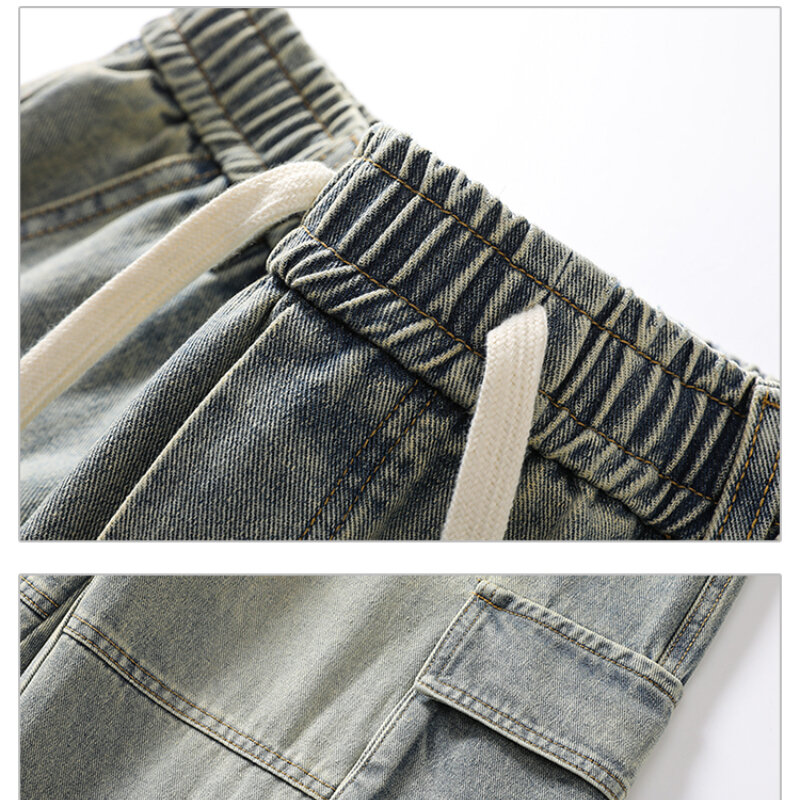 Spring Summer Cargo Jeans Men High Street Pocket Elastic Waist Elastic Pants Loose Straight Tube American