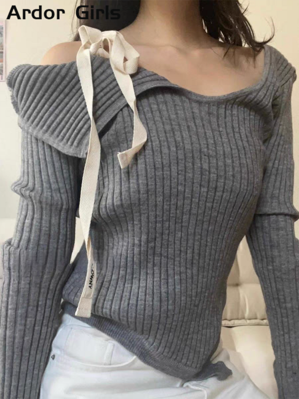 Модный вязаный пуловер, Женский уличный винтажный свитер на шнуровке с длинным рукавом, весна 2024, универсальный облегающий Однотонный женский трикотажный свитер