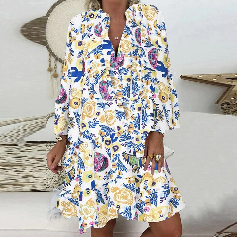 V넥 긴 소매 꽃무늬 프린트 원피스, 짧은 원피스 아첨하는 여성 선드레스, V넥 및 러플 포함, 여름