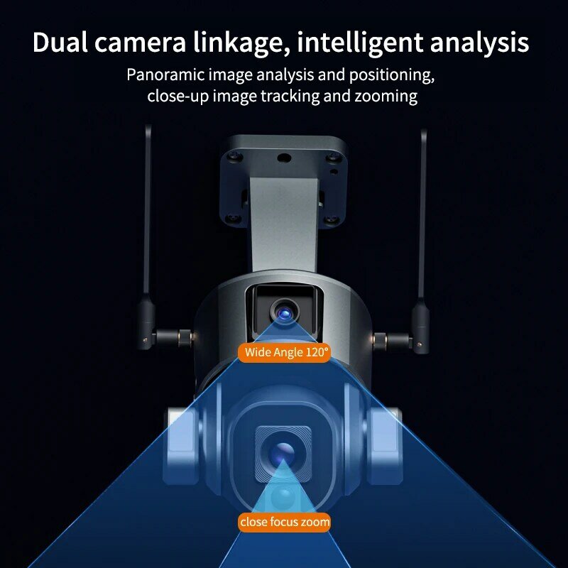 Fotocamera solare da 4K/8MP, fotocamera solare a doppia lente 360 gradi PTZ fotocamera esterna senza fili per la sicurezza domestica con 2,4g, 4G, visione notturna a colori pieno, rilevamento PIR, IP66 impermeabile