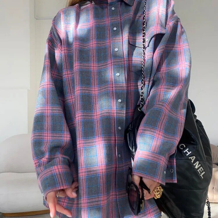 Vintage Loose Plaid Women'S Shirt Fashion Lapel Long Sleeve Office Lady Shirts And Blouses Tops Female Clothing 2023