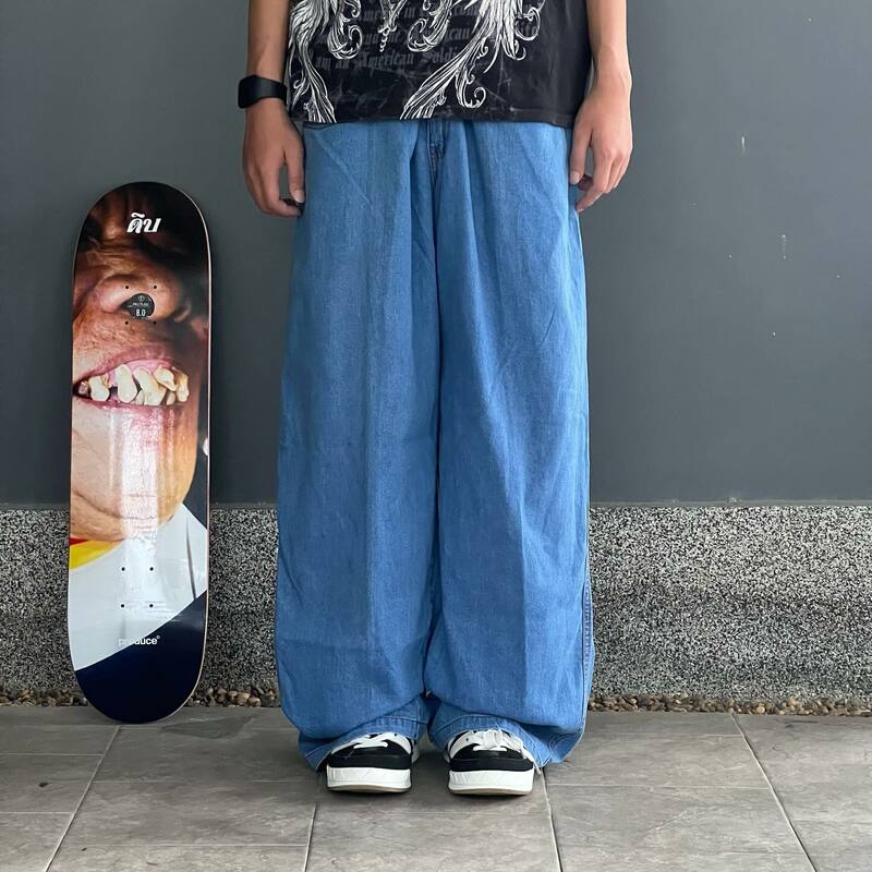 Retro Harajuku Y2k Men Women Blue Baggy Jeans Embroidered Pattern Oversized Pocket Wide Leg Casual Denim Pants Streetwear