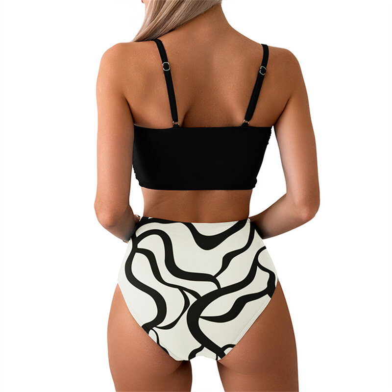Zwarte Strik Tankini Bikini Print Badpak Vrouwen Tweedelig Braziliaans Strand Badpak Bikini String Vakantie Outfit