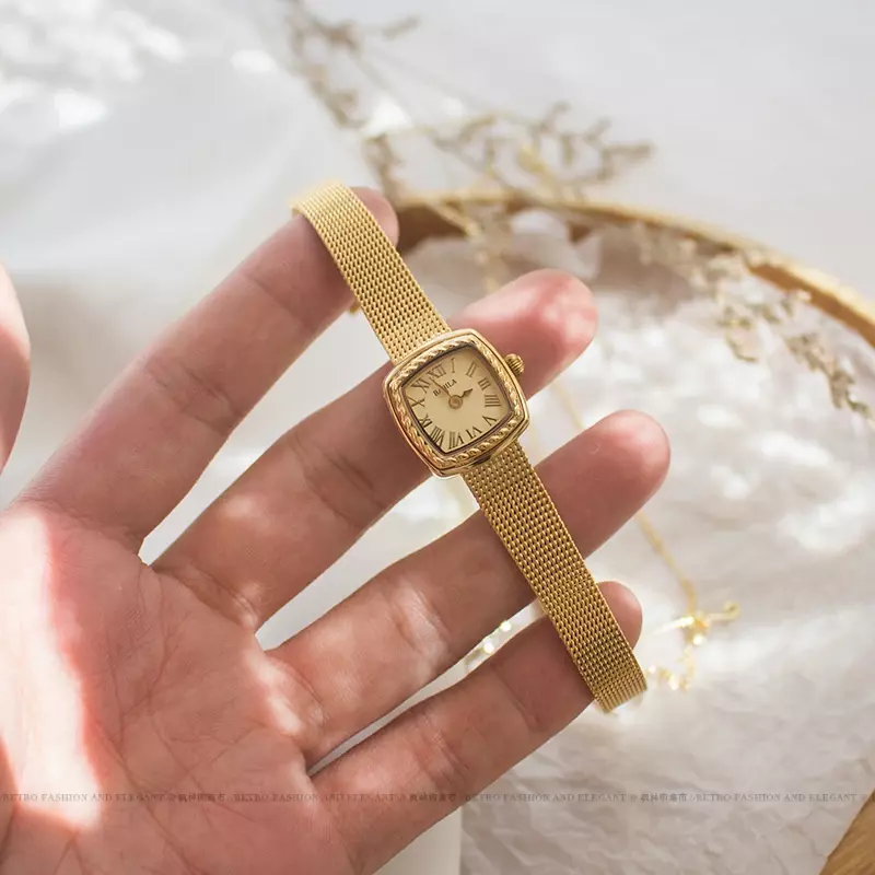 24K gold brass not fade new design fashion retro women's watch Japanese luxury square small dial watch thin strap quartz watch