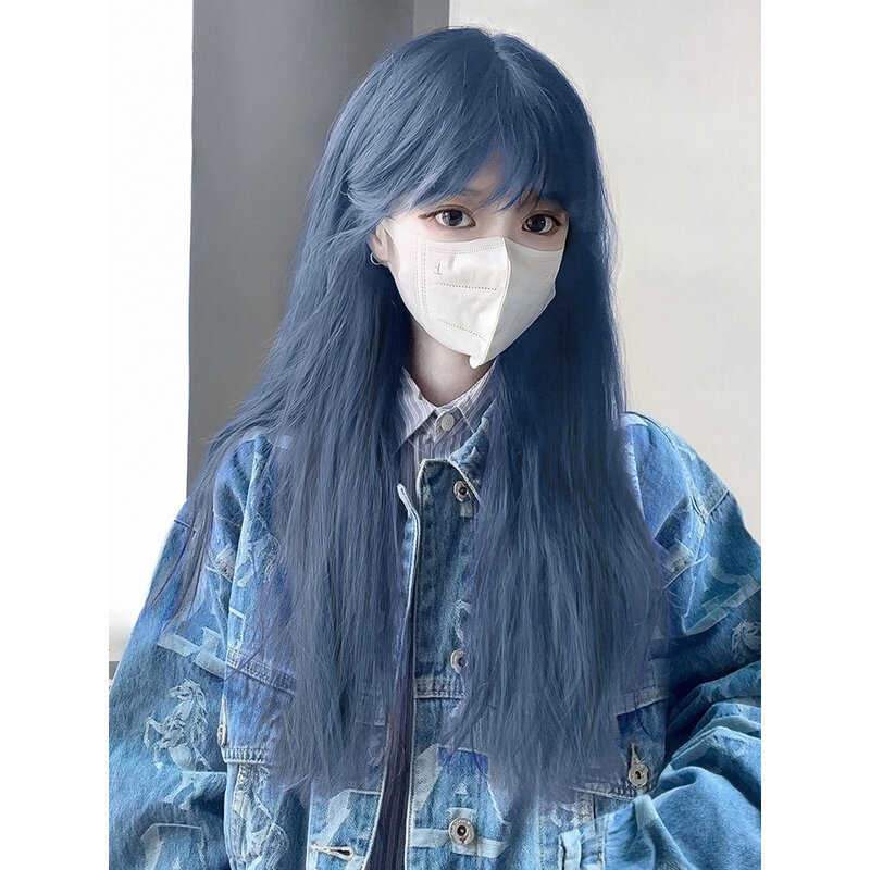 شعر مستعار طويل أزرق مستقيم ، مجموعة نسائية ، لون نفس الشعر ، ألياف صناعية ، درجة حرارة عالية ، غطاء شعر مستعار حريري
