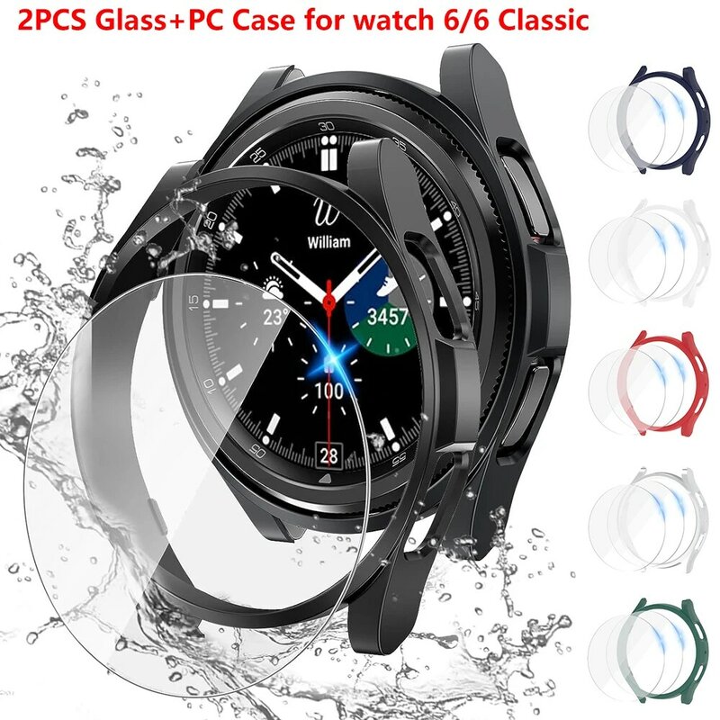 2 buah kaca + casing untuk Samsung Galaxy Watch 6, klasik 43mm 47mm penutup Bumper PC tahan air + pelindung layar Galaxy Watch6 40mm 44mm