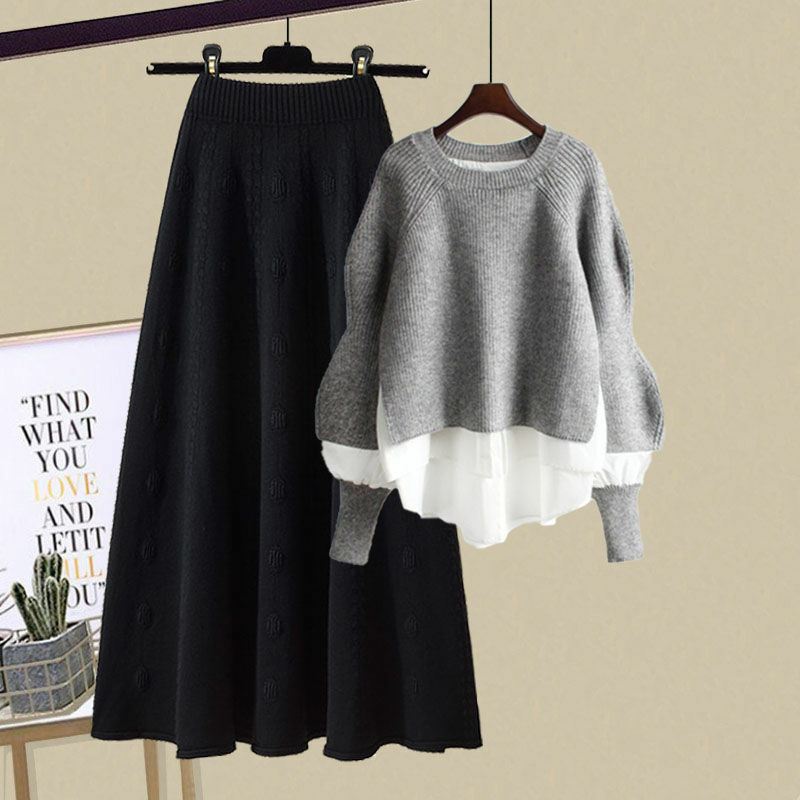 Traje de moda de otoño e invierno para mujer, nueva versión coreana, suéter de punto suelto y falso de dos piezas, falda informal, conjunto de dos piezas 2022