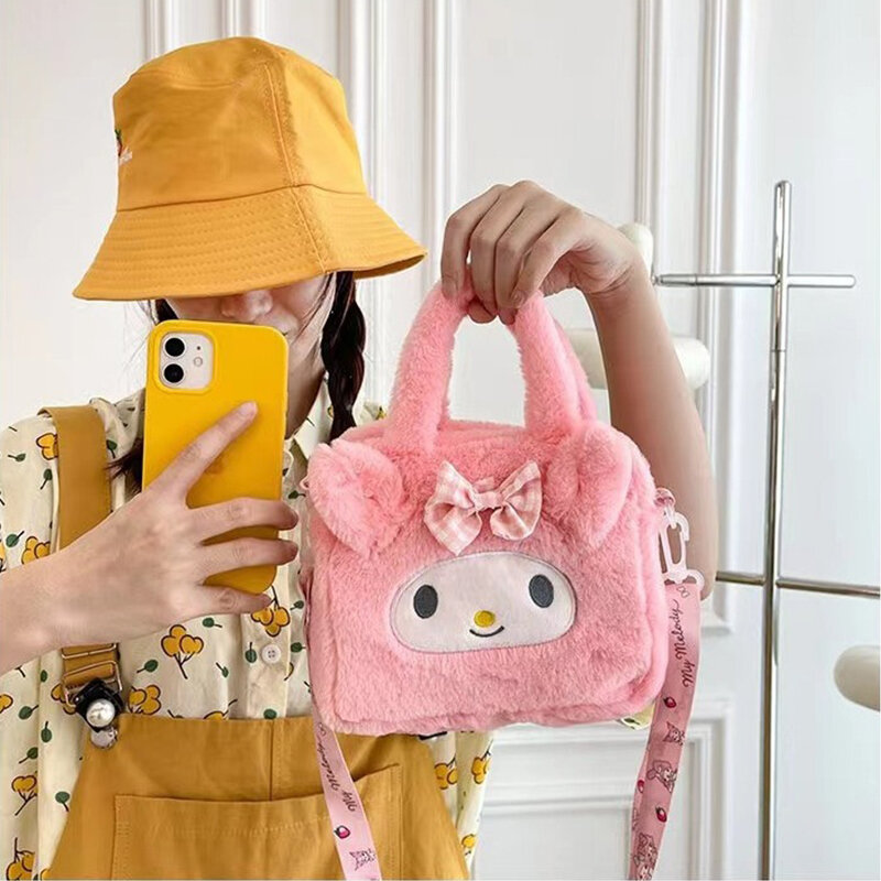 Sac à main en peluche Sanurgente pour femme, Kawaii Kuromi Cinnamoroll Melody Cartoon Anime, sac à bandoulière, sacs de rangement de voyage cosmétiques, cadeaux pour filles