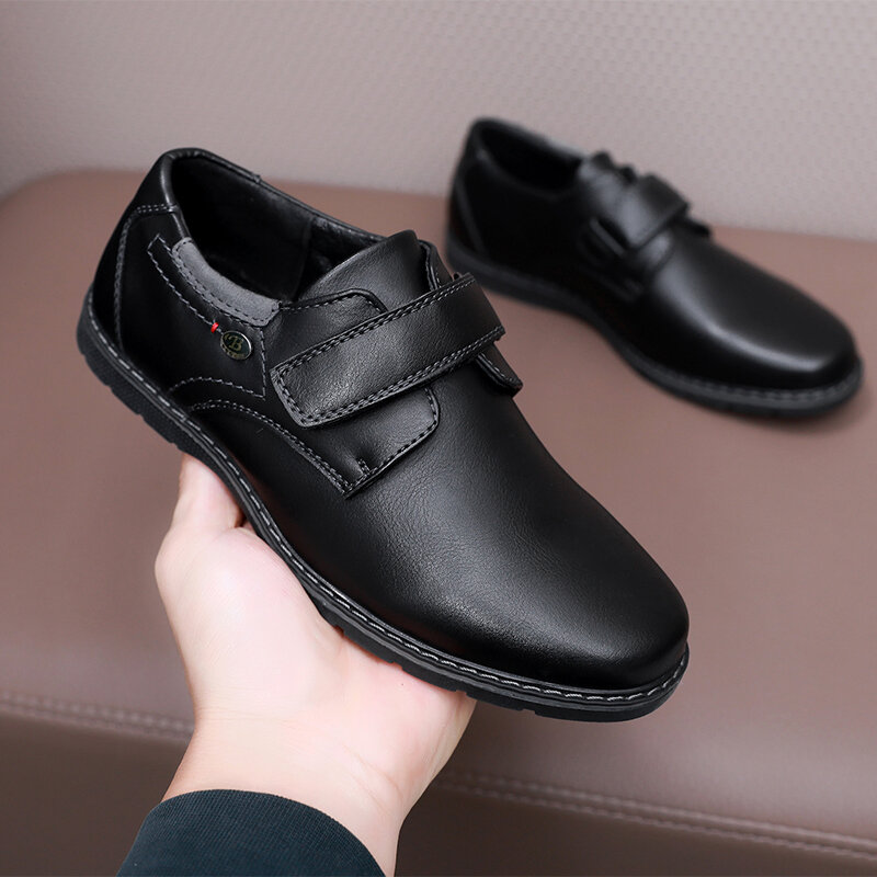 Sapatos de couro preto para crianças, macio e respirável, único, estilo primavera e outono, para meninos e meninas