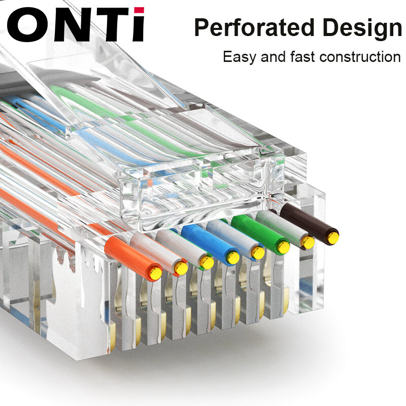 ONTi-Pass através Modular Plug Conectores de rede, banhado a ouro, 8P8C Crimp End para cabo Ethernet, RJ45, UTP 50 transmitir, CAT6, CAT5E, 10 pcs, 50pcs