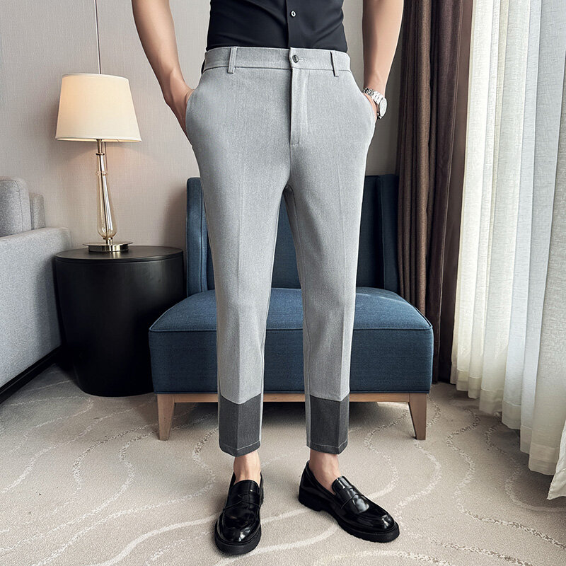 Plus Size 38 Summer Fashion Patchwork Suit Pants Men Clothing 2024 Korean Slim Fit Business Formal Wear Office Cropped Pants