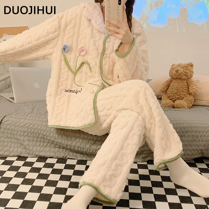 Duojihui-女性のためのシックなフローラルパジャマ、ツーピースのパジャマセット、暖かいカーディガントップ、ルーズパンツ、カジュアルファッション、甘い、冬