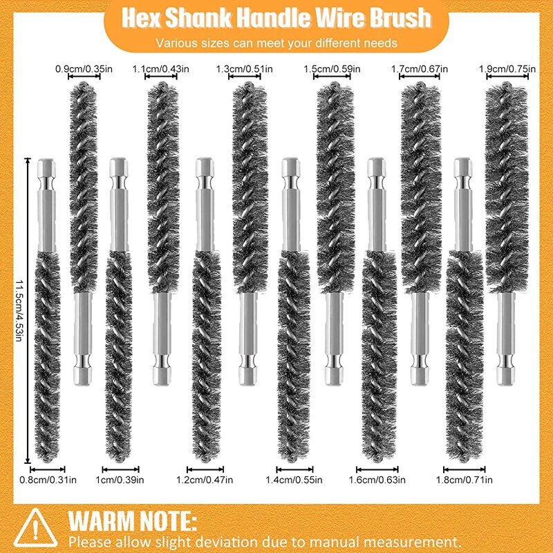 Stainless Steel Bore Brush Stainless Steel Bristles Wire Brush For Power Drill With Hex Shank Handle 12 Pcs