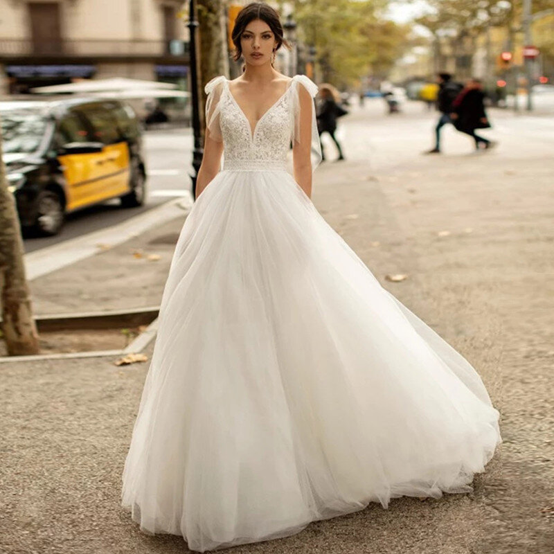 Gaun pengantin renda tanpa lengan leher V 2023 gaun pengantin renda tanpa lengan mode untuk wanita gaun musim panas lipit