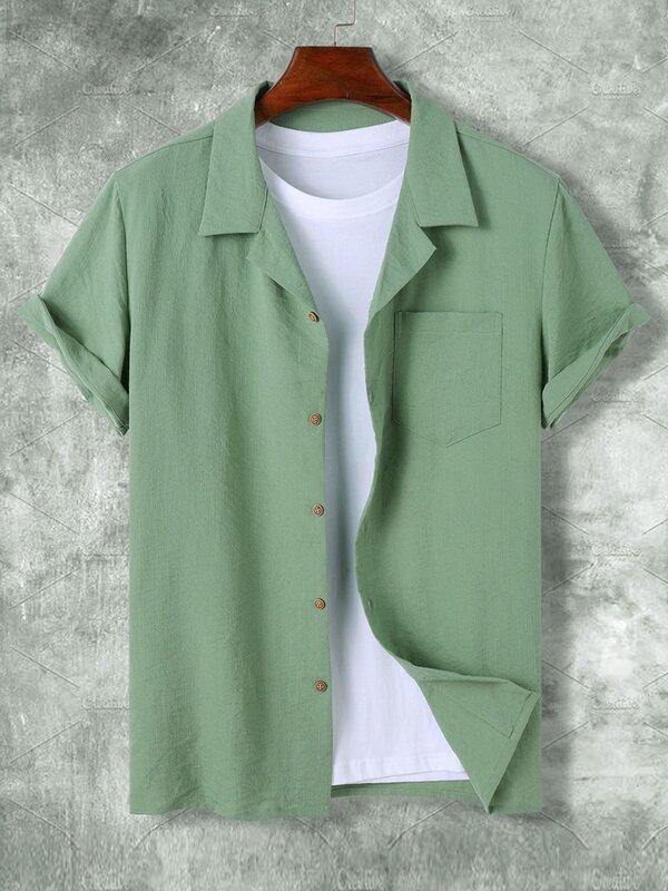 Zaful-Camisa de manga curta masculina com conjunto de calças elásticas de cintura média, gola de lapela, botão, cor sólida, 2 peças, Z5083954